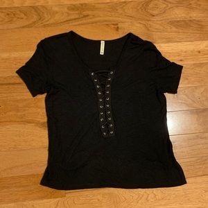 Emma & Sam black tee with stitch design deep v